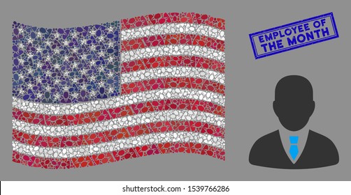 Businessman icons are organized into USA flag abstraction with blue rectangle grunge stamp seal of Employee of the Month caption.