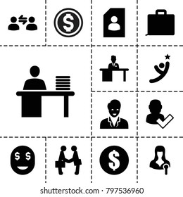 Businessman icons. set of 13 editable filled businessman icons such as money, resume, user and tick, case, woman speaker, man working at the table, winner, user communication