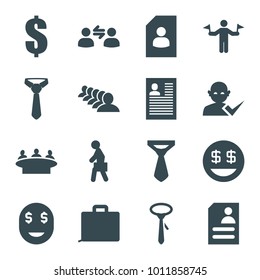 Businessman icons. set of 16 editable filled businessman icons such as man with flags, tie, group, dollar, resume, dollar smiley, case, man with case, user communication