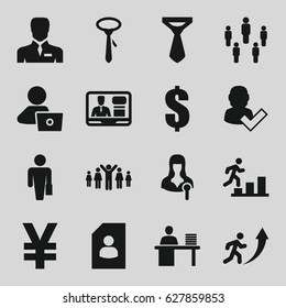 Businessman icons set. set of 16 businessman filled icons such as tie, man with laptop, businessman, woman speaker, TV speaker, man working at the table, group, resume