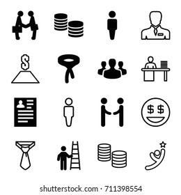 Businessman icons set. set of 16 businessman filled and outline icons such as man, tie, resume, user group, man with ladder, shaking hands, man working at the table
