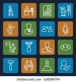 Businessman icons set. set of 16 businessman outline icons such as tie, resume, group, man working at the table, man with case, user communicatrion, user and tick
