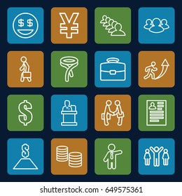 Businessman icons set. set of 16 businessman outline icons such as tie, resume, group, speaker, man with case, dollar smiley, money, dollar, man going up