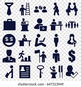 Businessman icons set. set of 25 businessman filled icons such as man with luggage, man, tie, man with laptop, dollar smiley, woman speaker, speaker, user communicatrion