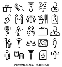 Businessman icons set. set of 25 businessman outline icons such as man with flags, man, tie, group, tv speaker, clipboard, man working at the table, user communicatrion, money