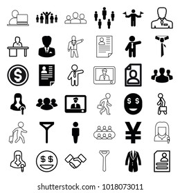 Businessman icons. set of 36 editable filled and outline businessman icons such as man with flags, man, tie, businessman, yuan, group, woman speaker, jacket, user group