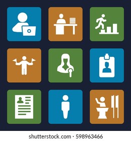 businessman icons set. Set of 9 businessman filled icons such as man with flags, man, resume, man with laptop, clipboard