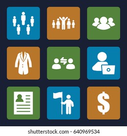 Businessman icons set. set of 9 businessman filled icons such as man with laptop, group, jacket, user communicatrion, group of people and man celebrating victory