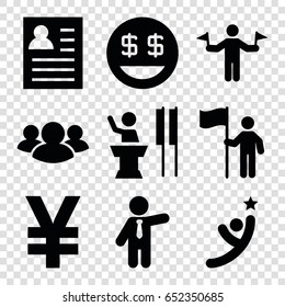 Businessman icons set. set of 9 businessman filled icons such as man with flags, businessman, dollar smiley, group, man with flag, speaker, winner, resume