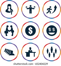 Businessman icons set. set of 9 businessman filled icons such as man with flags, group, dollar smiley, woman speaker, man working at the table, businessman shaking hands