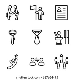 Businessman icons set. set of 9 businessman outline icons such as tie, businessman shaking hands, user communicatrion, resume, man with flag, speaker, winner