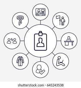 Businessman icons set. set of 9 businessman outline icons such as tie, tv speaker, clipboard, man working at the table, jacket, man sitting with laptop, user communicatrion