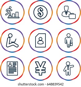 Businessman icons set. set of 9 businessman outline icons such as businessman, resume, male consultant   with case, man sitting with laptop, money, man with case, man going up