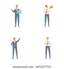 Businessman icons set cartoon vector. Young male executive in business suit. Work, career