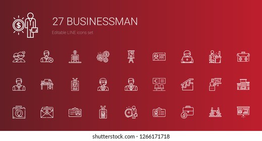 businessman icons set. Collection of businessman with portfolio, id card, employee, salary, briefcase, stairs, bank, man, doorman, desk. Editable and scalable businessman icons.