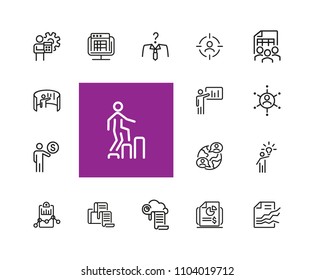 Businessman icons. Set of  line icons. Analysis, new idea, head hunting. Business concept. Vector illustration can be used for topics like career promotion, management, recruitment.