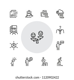 Businessman icons. Set of  line icons. Analysis, new idea, head hunting. Business concept. Vector illustration can be used for topics like career promotion, management, recruitment.