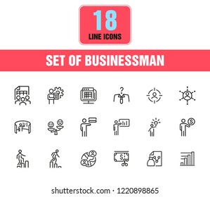 Businessman icons. Set of line icons. Analysis, new idea, head hunting. Business concept. Vector illustration can be used for topics like career promotion, management, recruitment.