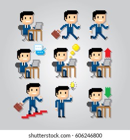 Businessman icons set. Pixel art. Old school computer graphic style. Games elements.