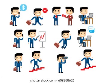 Businessman Icons Set. Pixel Art. Old School Computer Graphic Style. Games Elements.