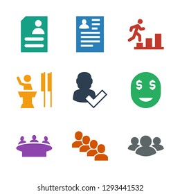 businessman icons. Trendy 9 businessman icons. Contain icons such as group, dollar smiley, user and tick, speaker, man going up, resume. businessman icon for web and mobile.