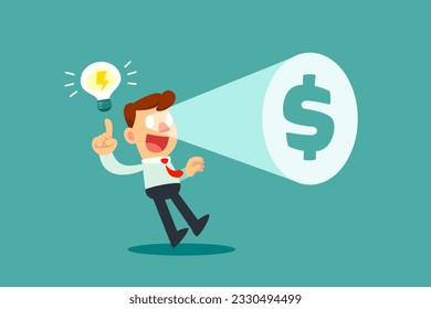 Businessman with idea bulb has light shine from his eye showing dollar sign. Creative idea business concept.