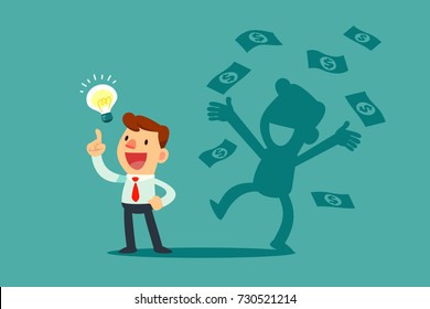 Businessman with idea bulb and his successful shadow get a lot of money. Business creativity concept.