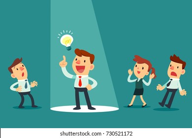 Businessman With Idea Bulb In Spotlight. Stand Out From Others. Business Idea Concept.