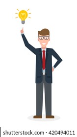 Businessman with idea bulb white background. Isolated character. Caucasian businessman pointing at idea bulb. Concept of successful job.