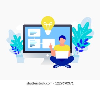Businessman with an idea concept. Man sitting near laptop. Light bulb as symbol of great business idea. Trendy flat design. Vector illustration