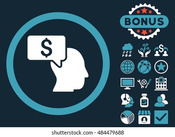 Businessman Idea icon with bonus images. Vector illustration style is flat iconic bicolor symbols, blue and white colors, dark blue background.