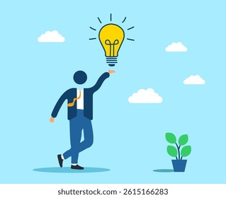 Businessman with Idea Illustration. Conceptual illustration of a businessman reaching for a glowing light bulb.  Innovation, Creativity, Solution concept design.