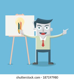 Businessman, idea light bulb with business chart on whiteboard
