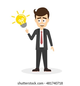 Businessman with idea light bulb. Isolated cartoon character on white background. Smiling handsome man pointing on lightbulb. Concept of creativity and solution.