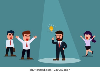 Businessman with idea light bulb in spotlight Stand out from the rest. Other businessmen are congratulating a businessman with a new idea. Business idea concept. Vector illustration