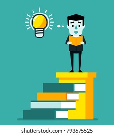 Businessman with idea light bulb stands on top stairs made of books. Creativity, career growth through education. Flat style vector illustration