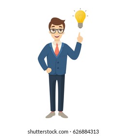 Businessman with idea lightbulb on white background in suit.