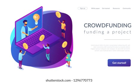 Businessman with idea on laptop rasing money via internet to support project. Crowdfunding, crowdsourcing project, alternative financing concept. Isometric 3D website app landing web page template