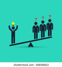 Businessman with idea on scales. Creative employee business concept. Vector illustration of workers comparison.