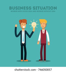 Businessman with idea and one without. Vector, Illustration, Flat.
