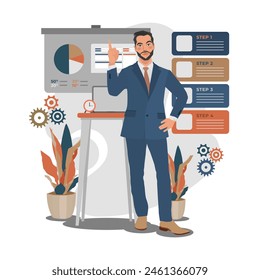 Geschäftsmannidee und Präsentation in flacher Stil Illustration