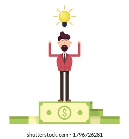 Businessman with an idea standing on a huge pile of money