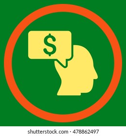 Businessman Idea vector bicolor rounded icon. Image style is a flat icon symbol inside a circle, orange and yellow colors, green background.