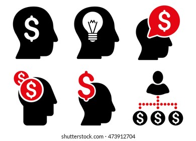 Businessman Idea vector icons. Pictogram style is bicolor intensive red and black flat icons with rounded angles on a white background.