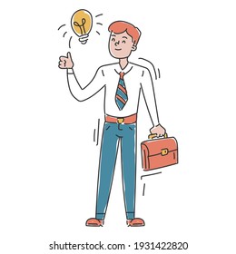 Empresario con vector de ideas aislado. Gran solución, bombilla como metáfora de la idea. Un genio y una estrategia innovadora. Ilustración al estilo doodle.