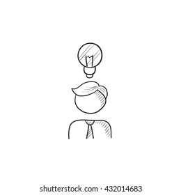 Empresario con idea de icono de esbozo vectorial aislado en segundo plano. Hand dibujó a Empresario con un icono de idea. Empresario con icono de esbozo de ideas para infografía, sitio web o aplicación.