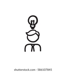 Empresario con idea de icono de esbozo vectorial aislado en segundo plano. Hand dibujó a Empresario con un icono de idea. Empresario con icono de esbozo de ideas para infografía, sitio web o aplicación.