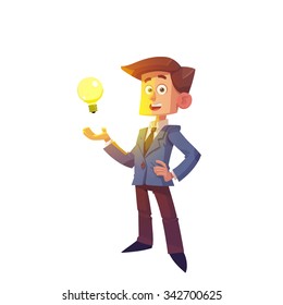 Businessman with ideas. Cheerful guy in a suit with lightbulb. Happy funny cartoon character.