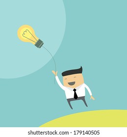 Businessman with ideas. Happy funny cartoon character. Vector illustration