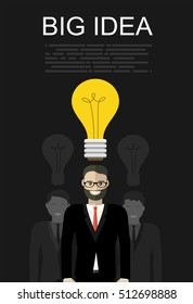Businessman with ideas. . Businessman with light bulb over his head and business management.
